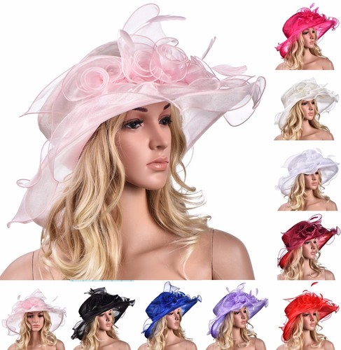 Women Dress Church Wedding Kentucky Derby Wide Brim Feather Sun Floppy Hat A341 - Picture 1 of 119