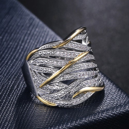 New Women Size 6-10 Rings Two Tone 925 Silver Wedding Ring Twine Zircon Gift/ - Picture 5 of 14