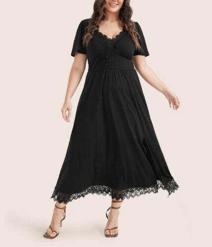 Bloomchic 12 LARGE Solid Pocket Contrast Lace Split BLACK T-Shirt Dress - Picture 2 of 8