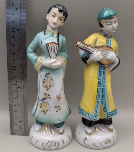 Vtg Oriental Asian Lady Fan Man Guitar Porcelain Figurines Occupied Japan 7" - Picture 9 of 9
