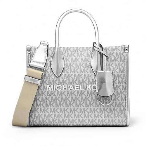 Nuova shopper Michael Kors Mirella piccola firmata metallizzata logo top zip tracolla