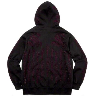 Supreme Black Hoodie Pink Rhinestone Zip Up Hooded Sweatshirt SS22