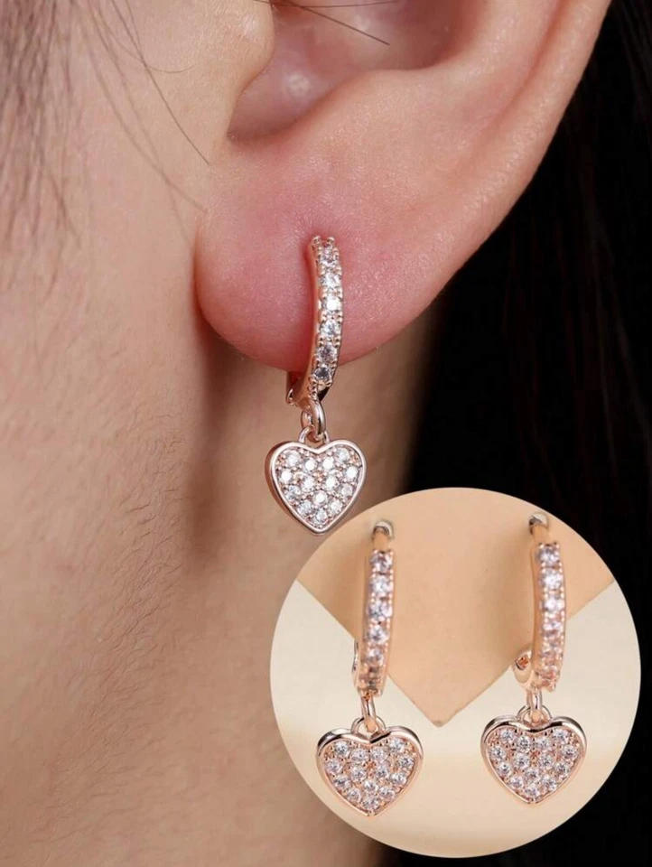 UK Women Ladies Fashion Jewelry Ziriconia Heart Rhinestone Stud Earrings Gold - Image 2 of 4