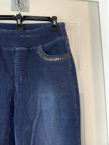 BELLE by Kim Gravel Petite TripleLuxe Reg Faux Leather Trim Jean DK INDIGO sz 10 - Picture 2 of 2