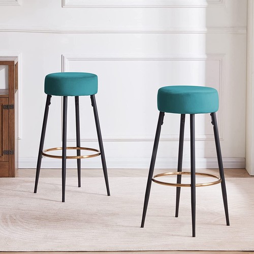 Moderne Samt Barhocker 2er Set, runde rückenfreie Barhocker für Kücheninsel - Bild 24 von 63