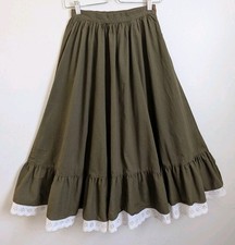 Vtg 80s Prairie Maxi Skirt Olive Green Cotton Lace Ruffle Cottagecore 25" Waist