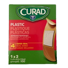Curad Plastic Bandages 1x3 in - 100 Count 4-sided Seal Sterile