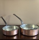 Pair of French Copper Saute Pans 8" and 9" Iron Handles Good Tin Lining