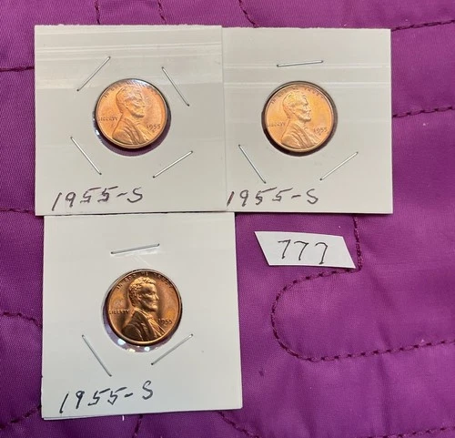 3 1955 S Lincoln Wheat Cent Gem Unc, LOT #777