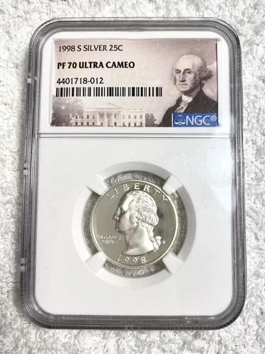 1998 S Proof Washington Silver Quarter, UNC, NGC PF70 Ultra Cameo Portrait Lable