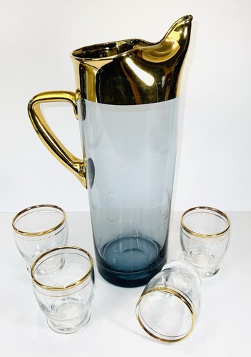 MCM Hand Blown Blue Glass 24K Trim Pitcher & 4 Anchor Hocking - Picture 5 of 14
