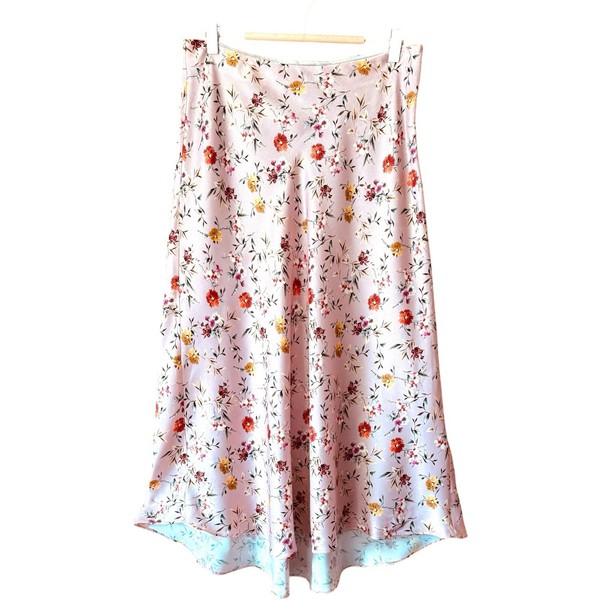 ZARA Pink Floral Satin Midi Skirt Womens L High Low Hem Bias Cut