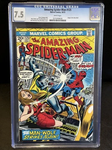 🔥CGC 7.5 WP AMAZING SPIDER-MAN #125 - Origin & 2nd app MAN-WOLF - MARVEL 1973🔥