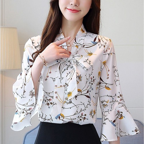 Fashionable Floral Print Chiffon Shirt Summer Three Quarter Sleeve Top - Picture 3 of 47