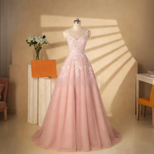 Blush Pink Sleeveless V Neck Lace Tulle Prom Dress A Line Formal Wedding Gown