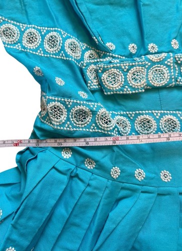 Vintage 50s Embroidered Blue White Fit & Flare Plated Dress Small Handmade - Picture 5 of 12