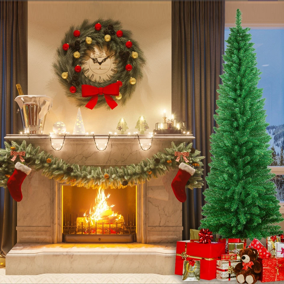 人造纤薄铅笔圣诞树5英尺PVC带支架家庭假日装饰绿色 — 第 4/4 张图片