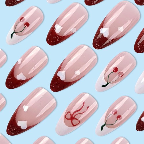 24Pcs French Tip Press on Nails Medium Almond 0.04 Fl Oz (Pack of 24), Red - Picture 7 of 7