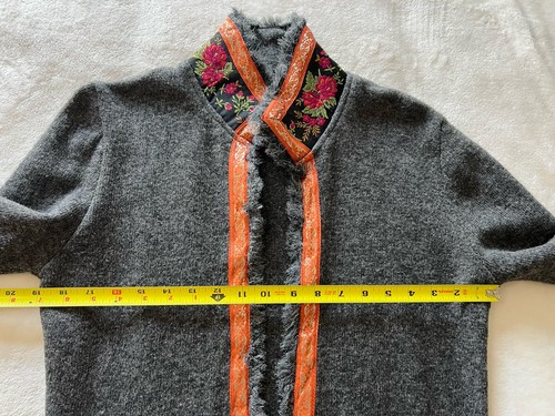 VTG Free People Sz Large Wool Fair Isle Ribbon Trim Collared Cardigan Grey Boho - Picture 11 of 13