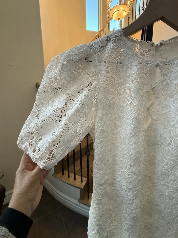 MONIQUE LHUILLIER White Embroidered Lace Puff Sleeve Midi Dress 4 Event Stunning - image 4 of 4