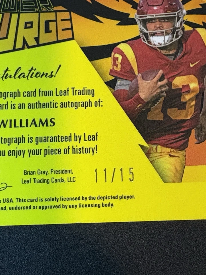 Conjunto 2022 Leaf Pro Futebol Caleb Williams Power Surge Verde Auto /15 - Imagem 3 de 3