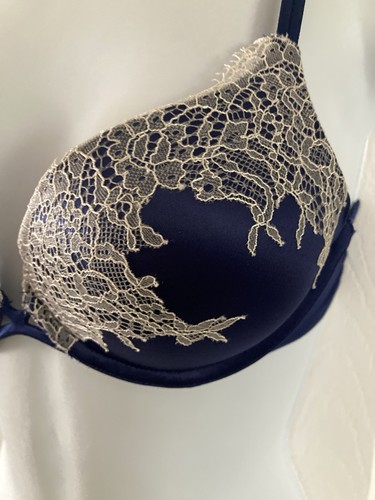 Victoria's Secret Very Sexy Push-Up Bra Size 32A Blue Satin White Lace Overlay - Bild 4 von 10