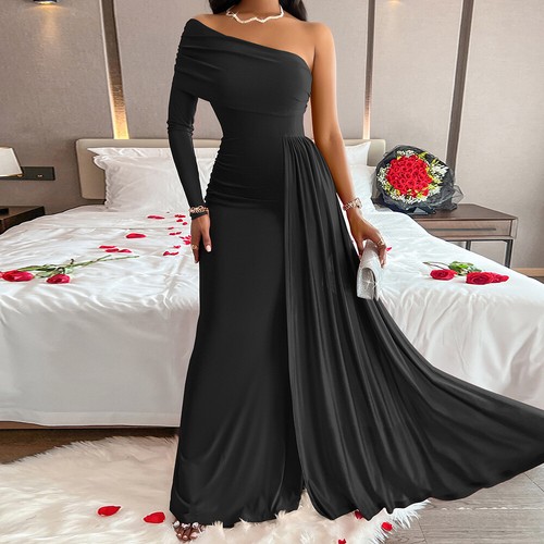 Womens One Shoulder Long Sleeve Party Dress Cocktail Bodycon Maxi Dress Gown UK - Picture 22 of 27