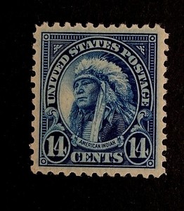 US-Stamp-Scott-565-XF-M-NH-1923-14c-American-Indian-Gorgeous-color-Beauty