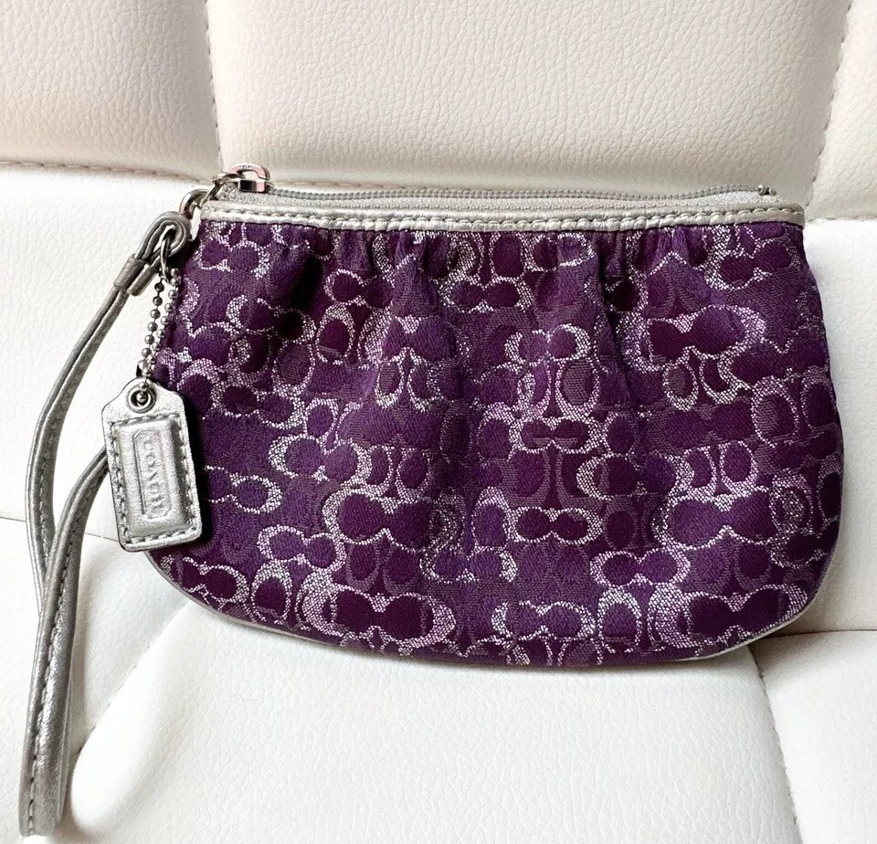 Coach Signature Wristlet Metallic Jacquard Pleat Purple Lurex Mini