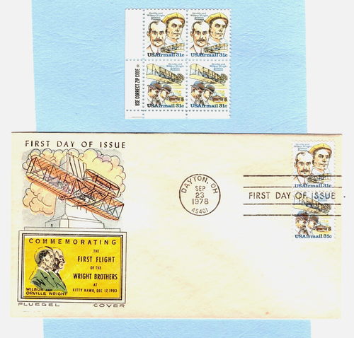zip blk 4 FDC sc C91 C92  Air Mail WRIGHT BROS,  m , nh , 2 pcd memorial monumnt - Picture 1 of 2