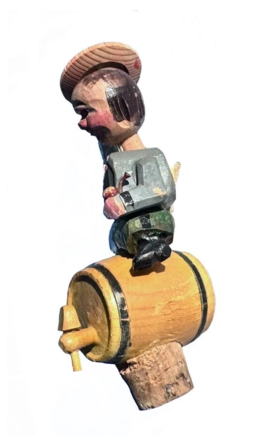 Tapón de botella tallado en madera Anri con brazo mecánico y cuello hecho en Alemania Foto 3 de 4