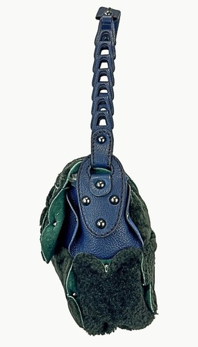 JAMIN PUECH Shearling Leather Shoulder Bag Small Green Blue Silver Studded - Picture 3 of 15