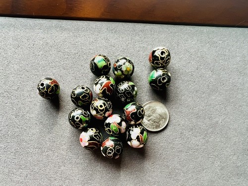 15 Pcs Cloisonné 12mm Round Black Floral Beads Artisan Jewelry Making Lot - Picture 9 of 9