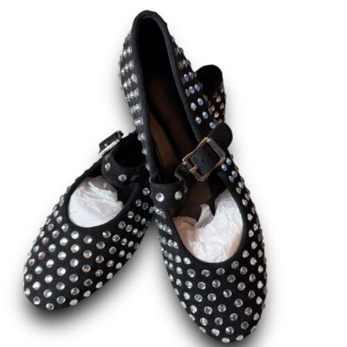 Edgy Black Mary Jane Flats with Silver Studded Crystal Rhinestones Size 7.5 - Picture 4 of 15