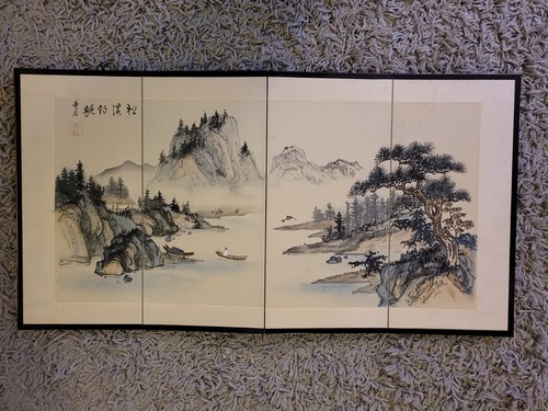Vintage Asian 4 Panel Folding Silk Screen Print Divider 32"x 17" - Picture 20 of 20