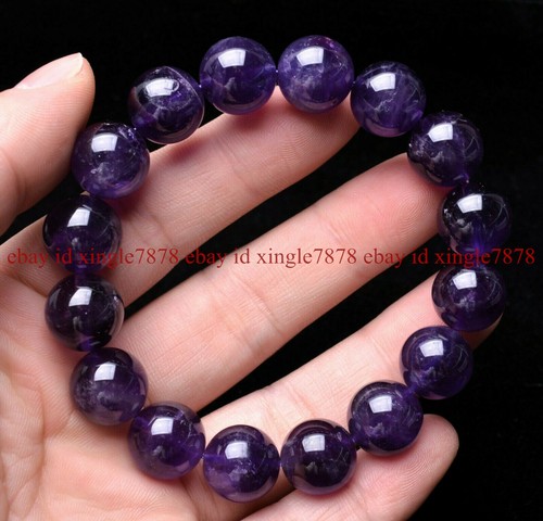 Pulsera de cuentas redondas de cristal amatista púrpura natural genuino de 12 mm - Imagen 4 de 12