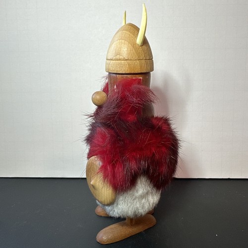 Viking Wood Figure Danish MCM w Shield Spear Red Beard Helmet Fur ~ 7 3/4 Tall - Picture 3 of 9