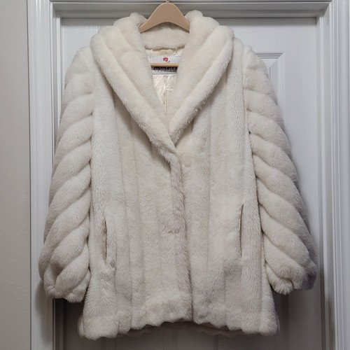 Vintage 80’s Monterey Fashions White Faux Fur High Pile Coat Women’s 14 USA