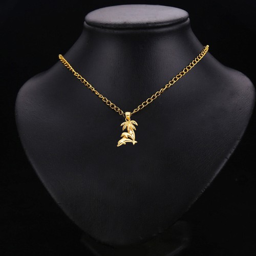 GOLD -14K Yellow Beach Love Dolphin Charm & Palm Tree Pendant For Necklace Chain - Picture 2 of 4