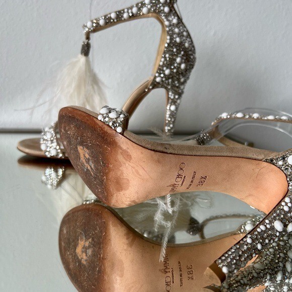 EUC Jimmy Choo Viola 110 Crystal Sandals Ostrich Feather EUC Jimmy Choo Viola 110 Crystal Sandals Ostrich Feather