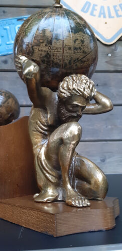 porta libri legno ATLAS Ercole mappamondo globo fermalibri ottone effetto oro - Foto 5 di 12