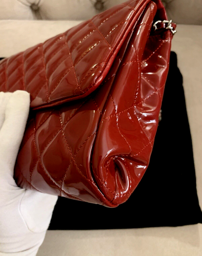 Chanel CC Classic Quilted Patent Leather Flap Shoulder Bag Clutch, Dark Red, EUC - Picture 10 of 24