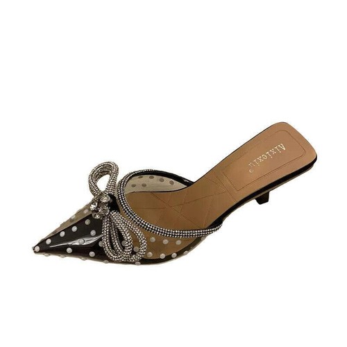 Womens Trendy Pointy Toe Diamante Bowknot Wave Point Mules Mid Heels Slippers - Picture 16 of 21