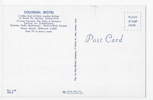 Groton Connecticut Colonial Motel Rte 95 Vintage Postcard - Bild 2 von 2