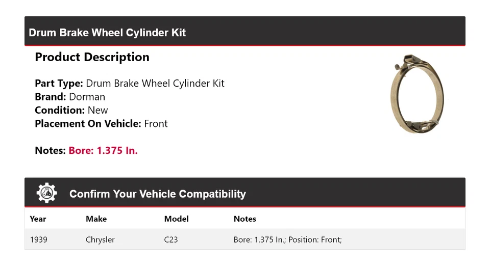 Kit de cilindro de rueda de freno de tambor delantero para Chrysler C23 Dorman 1939 Foto 2 de 4