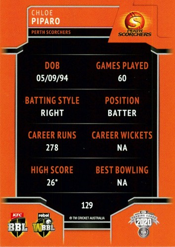Tarjeta de cricket 2020 2021 Perth Scorchers WBBL CHLOE PIPARO Traders - Imagen 2 de 2