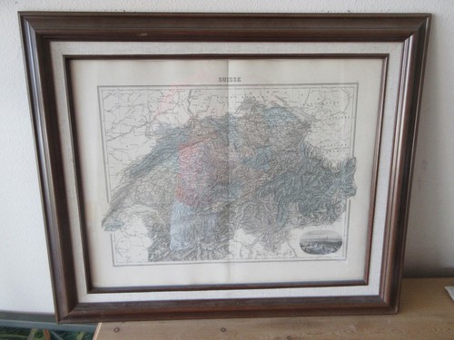 Antique Vintage Framed, Under Glass & Matted Map of Switzerland Suisse Paris  - Picture 1 of 6
