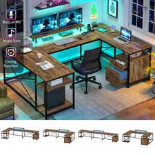 LED U Shaped Computer Desk with Power Outlet Reversible L Shaped Desk w/ Drawers