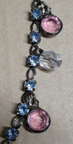 Vintage Silver Tone Light Blue Rhinestone Chain Necklace w/Pink Bezel Set Charms - Picture 7 of 7