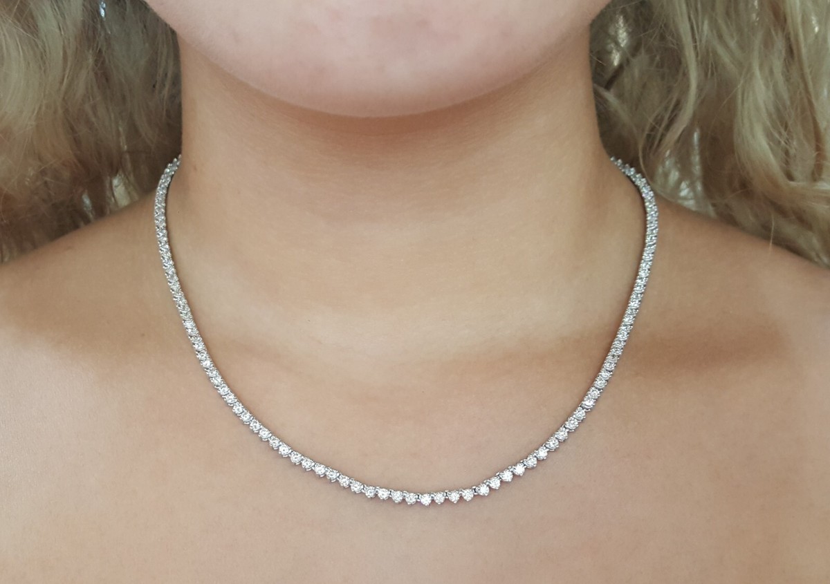 Round Diamond 14K White Gold Straight Line Tennis Necklace